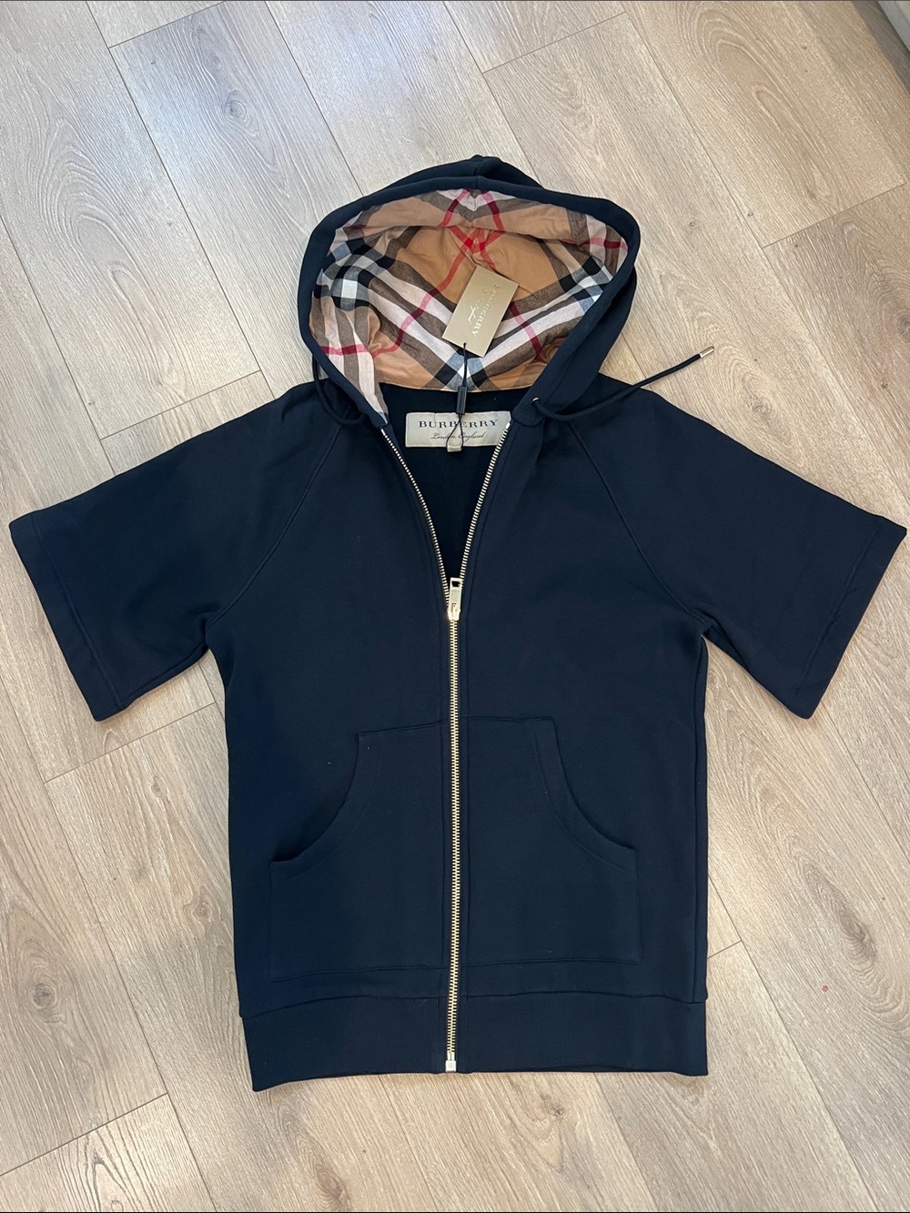 Burberry Black Short-Sleeve Zip Hoodie with Signature Check Hood